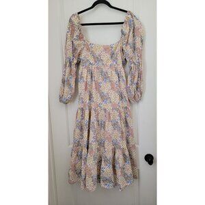 STORIA Floral Puff Sleeve Midi Dress With Back Tie & Tiered Skirt Women's Sz M